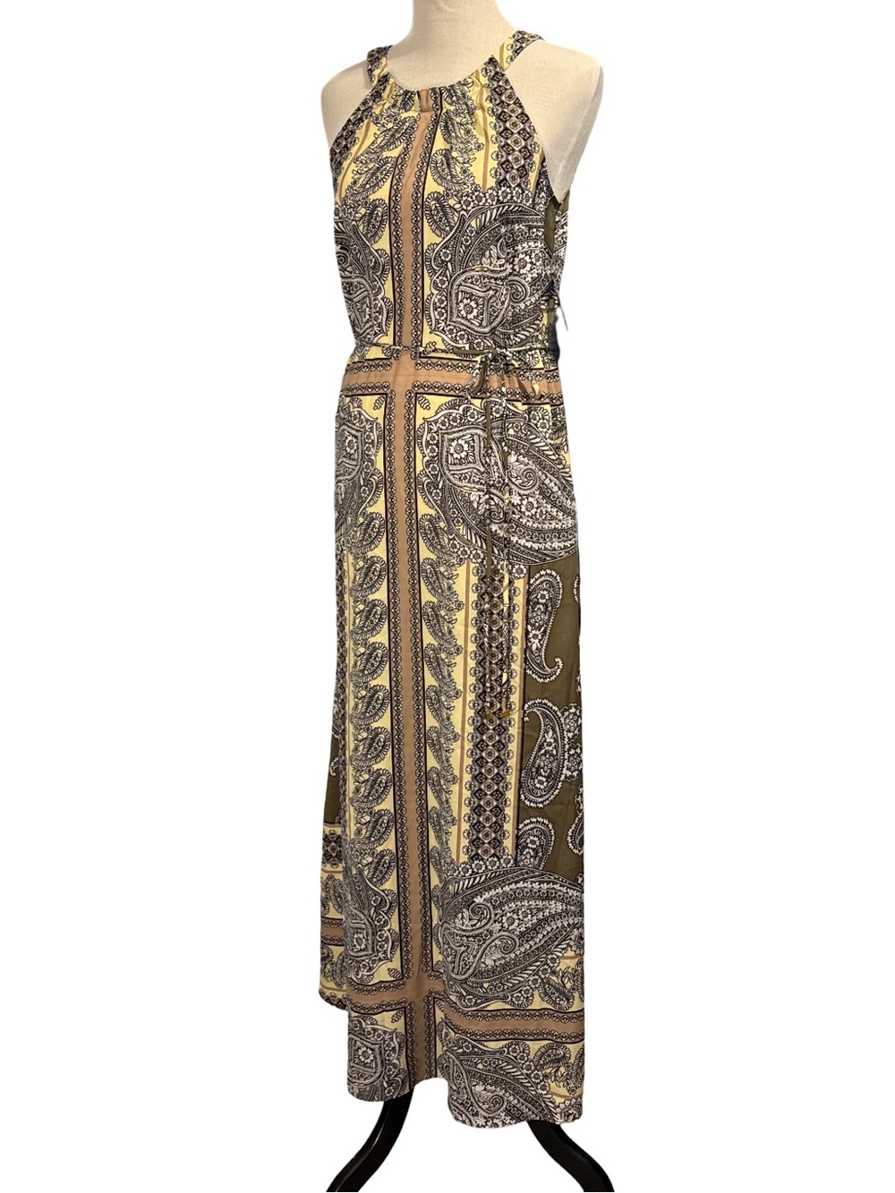 New York & Company Paisley Halter Maxi Dress in Olive and Cream